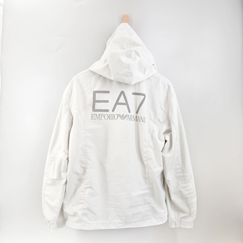 EA7 Emporio Armani Windbreaker Mens Large Silver Logo Hooded Jacket